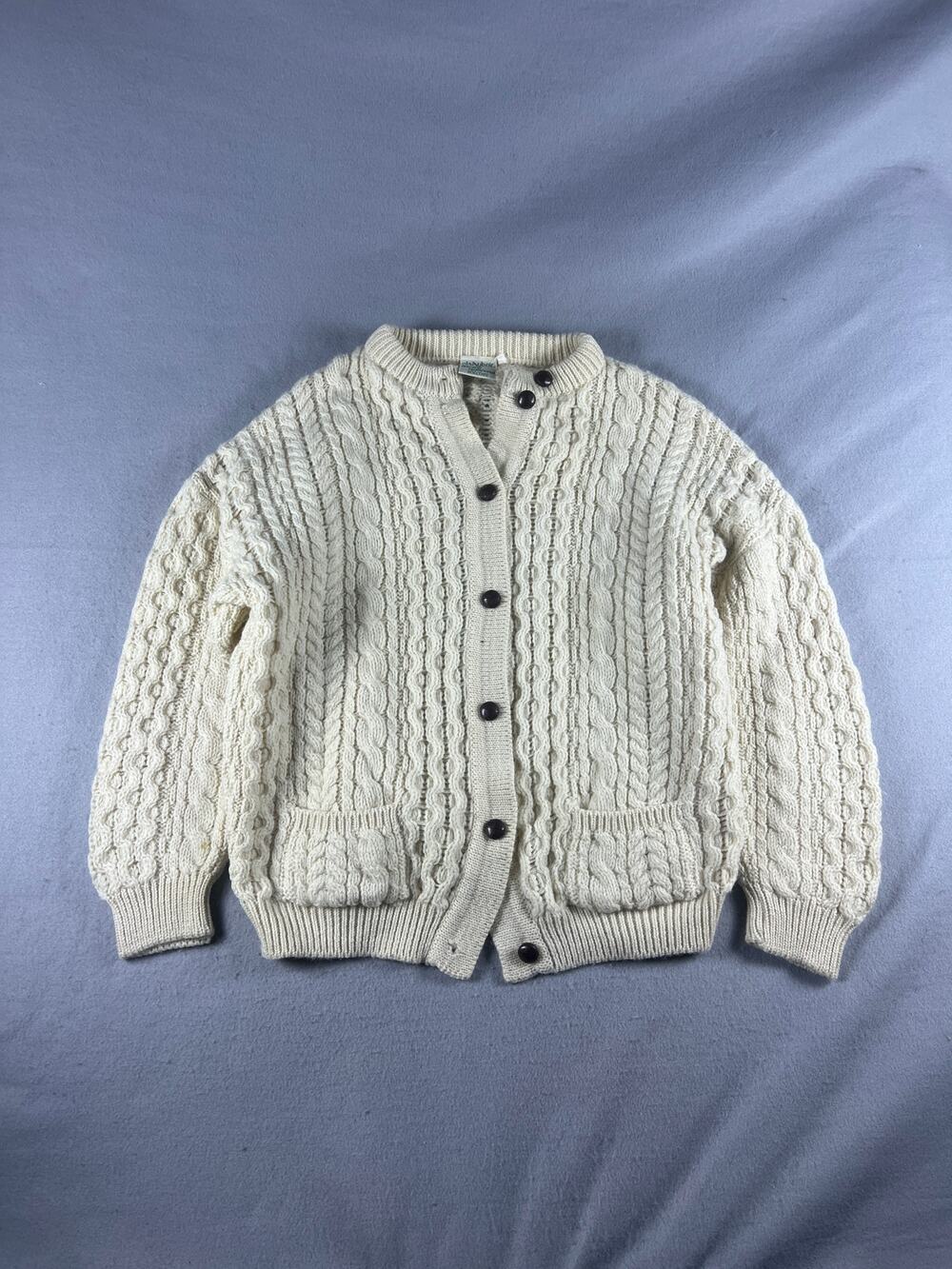 Vintage Cladyknit Cardigan Mens M Cream Wool Irish Aran Cable Knit Rib Sweater